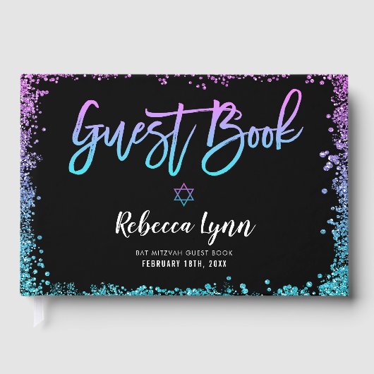 Paarse Blauwgroen Faux Glitter Bat Mitzvah Gastenboek (Voorkant)
