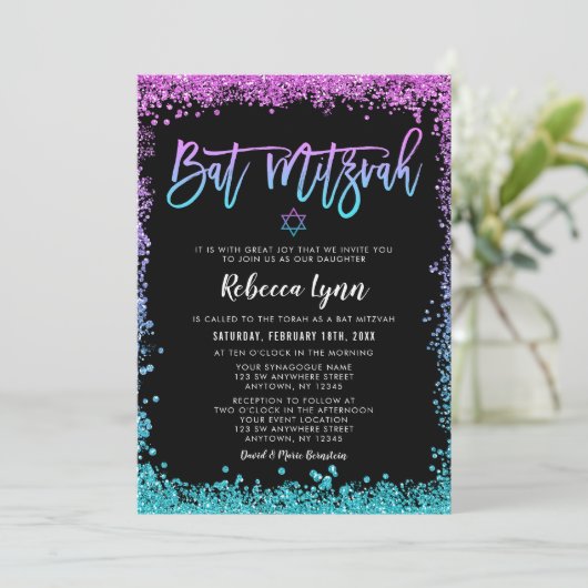 Paarse Blauwgroen Faux Glitter Bat Mitzvah Kaart (Staand voorkant)