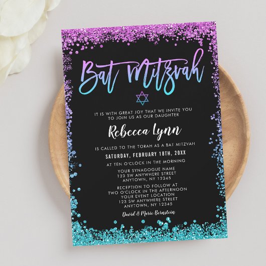 Paarse Blauwgroen Faux Glitter Bat Mitzvah Kaart