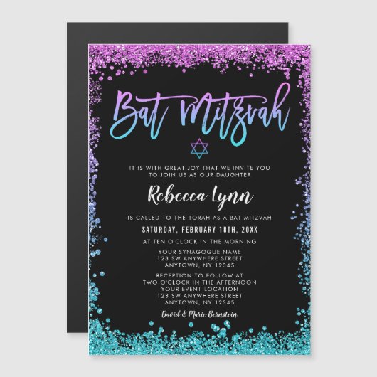 Paarse Blauwgroen Faux Glitter Bat Mitzvah Magnetische Uitnodiging (Voorkant / Achterkant)