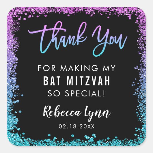 Paarse Blauwgroen Faux Glitter Bat Mitzvah Vierkante Sticker (Voorkant)