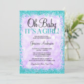 Paarse Blauwgroen Faux Glitter Lights Baby shower Kaart (Staand voorkant)