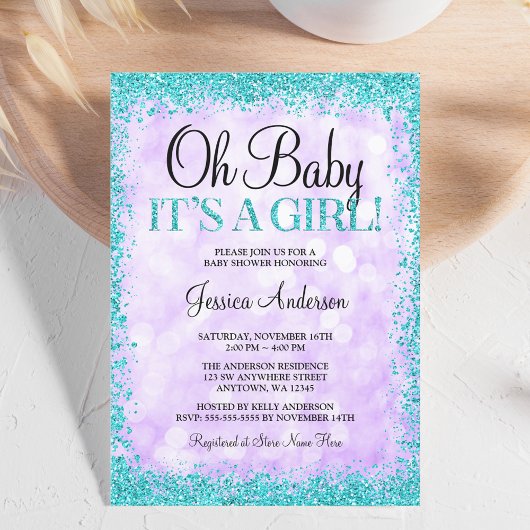 Paarse Blauwgroen Faux Glitter Lights Baby shower Kaart
