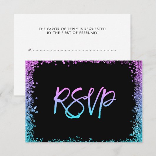 Paarse Blauwgroen Faux Glitter RSVP Kaartje (Voorkant / Achterkant)