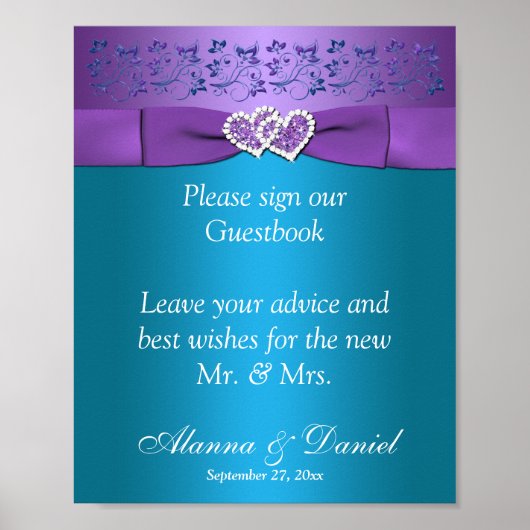 Paarse, Blauwgroen Floral Hearts Wedding Sign 2 Poster (Voorkant)