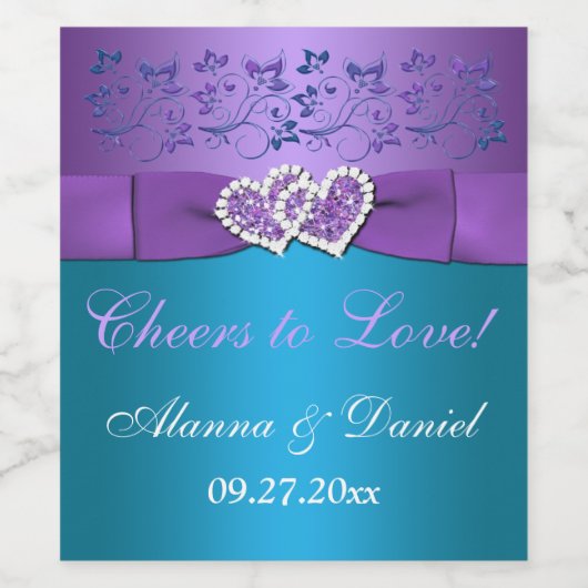 PAARSE Blauwgroen Floral Wine Etiket met DRUKTE BO (Enkel label)