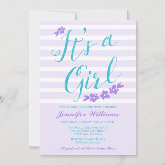 Paarse Blauwgroen Flower Stripes Baby Shower Uitno Kaart (Voorkant)