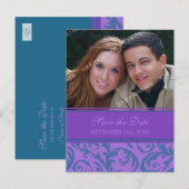 Paarse Blauwgroen foto Sla de datum bruiloft Brief Aankondigingskaart (Voorkant / Achterkant)
