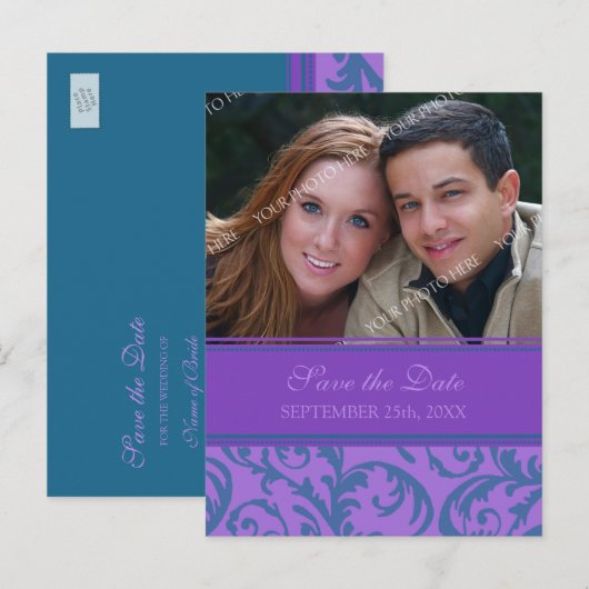 Paarse Blauwgroen foto Sla de datum bruiloft Brief Aankondigingskaart (Voorkant / Achterkant)