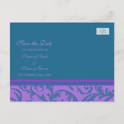 Paarse Blauwgroen foto Sla de datum bruiloft Brief Aankondigingskaart (Achterkant)