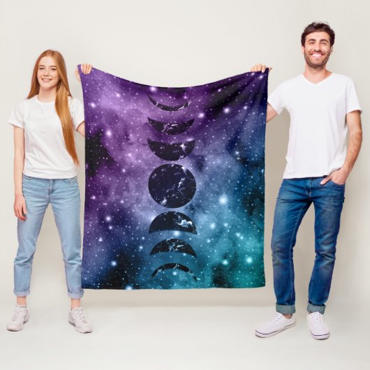 Paarse Blauwgroen galaxy Nebula Dream Moon Phases  Fleece Deken (In situ)
