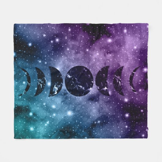 Paarse Blauwgroen galaxy Nebula Dream Moon Phases  Fleece Deken (Voorkant (Horizontaal))