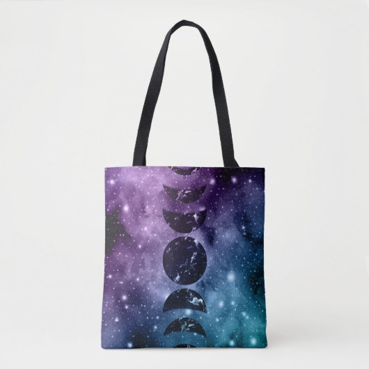 Paarse Blauwgroen galaxy Nebula Dream Moon Phases Tote Bag (Voorkant)