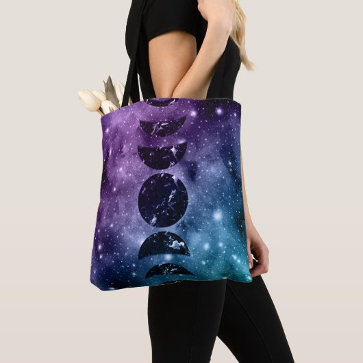 Paarse Blauwgroen galaxy Nebula Dream Moon Phases Tote Bag (Dichtbij)