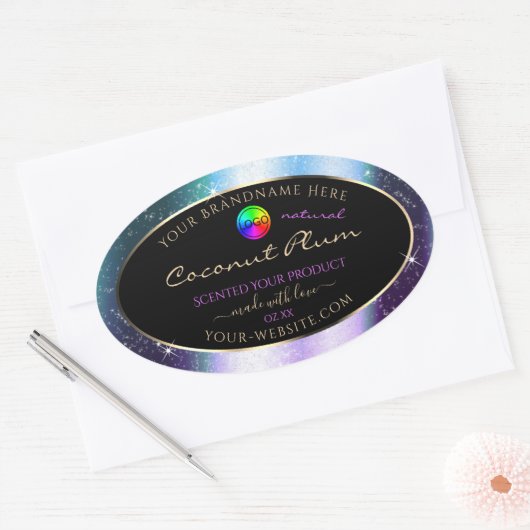 Paarse Blauwgroen Glitter Lijst Productlabel met L Ovale Sticker (Envelop)