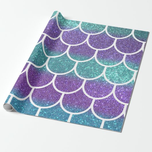 Paarse Blauwgroen Glitter Mermaid Scallop-schalen Cadeaupapier (Uitgerold)