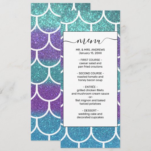 Paarse Blauwgroen Glitter Mermaid Scallop-schalen Menu (Voorkant / Achterkant)
