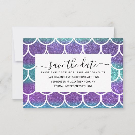 Paarse Blauwgroen Glitter Mermaid Scallop-schalen Save The Date (Voorkant)