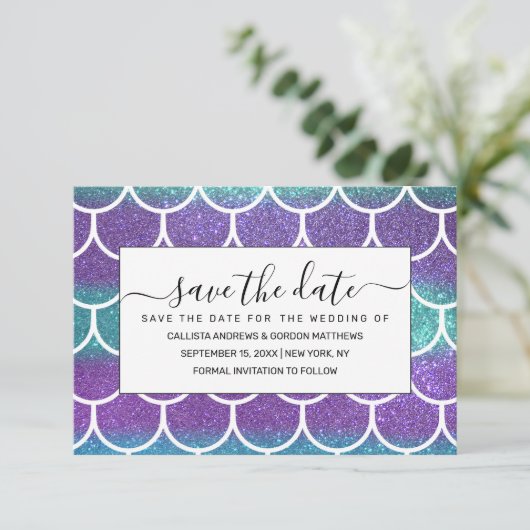 Paarse Blauwgroen Glitter Mermaid Scallop-schalen Save The Date (Staand voorkant)