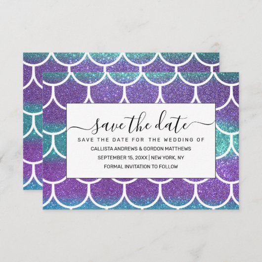 Paarse Blauwgroen Glitter Mermaid Scallop-schalen Save The Date (Voorkant / Achterkant)