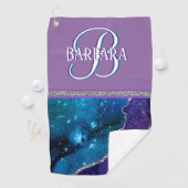 Paarse Blauwgroen Glittery Silver Monogram Voornaa Golfhanddoek (Insitu)