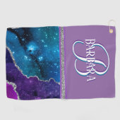 Paarse Blauwgroen Glittery Silver Monogram Voornaa Golfhanddoek (Horizontaal)