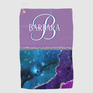 Paarse Blauwgroen Glittery Silver Monogram Voornaa Golfhanddoek