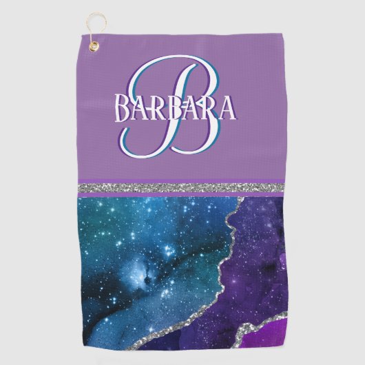 Paarse Blauwgroen Glittery Silver Monogram Voornaa Golfhanddoek (Voorkant)