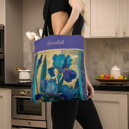 Paarse Blauwgroen Goud Vintage Bloemen Iris Monogr Tote Bag