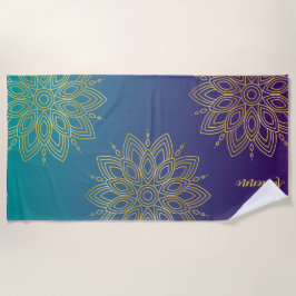 Paarse Blauwgroen Gradient Faux Gold Mandala Strandlaken