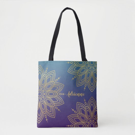 Paarse Blauwgroen Gradient Faux Gold Mandala Tote Bag (Voorkant)