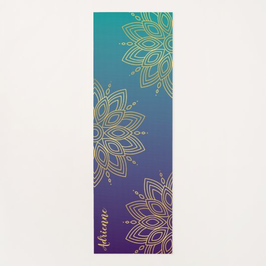Paarse Blauwgroen Gradient Faux Gold Mandala Yogamat (Voorkant)