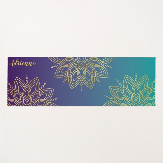 Paarse Blauwgroen Gradient Faux Gold Mandala Yogamat (Voorkant (horizontaal))