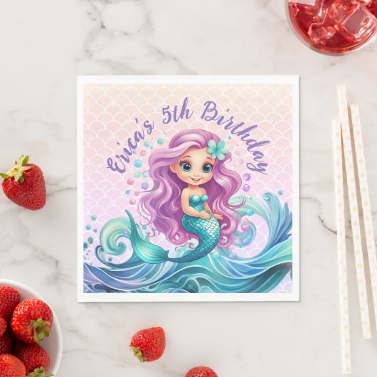 Paarse Blauwgroen Kleine Zeemeermin Waterverf Verj Servet (Insitu)