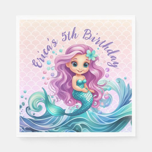 Paarse Blauwgroen Kleine Zeemeermin Waterverf Verj Servet (Voorkant)