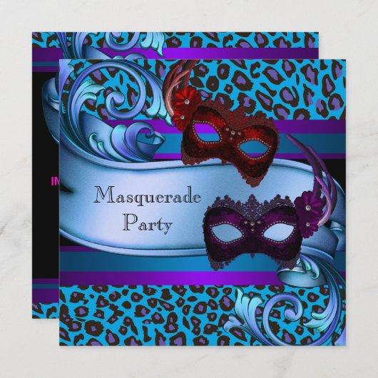 Paarse Blauwgroen Luipaardmaskers Sweet 16 Masquer Kaart (Voorkant / Achterkant)