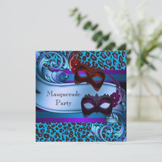 Paarse Blauwgroen Luipaardmaskers Sweet 16 Masquer Kaart (Staand voorkant)