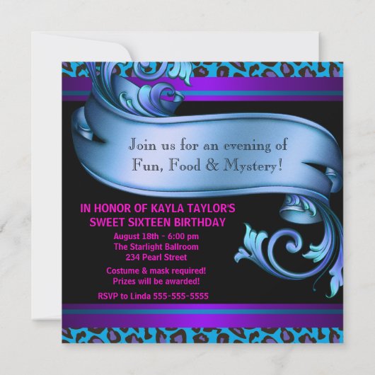 Paarse Blauwgroen Luipaardmaskers Sweet 16 Masquer Kaart (Achterkant)