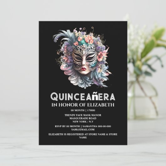 Paarse blauwgroen maskerade masker quinceanera ver kaart (Staand voorkant)