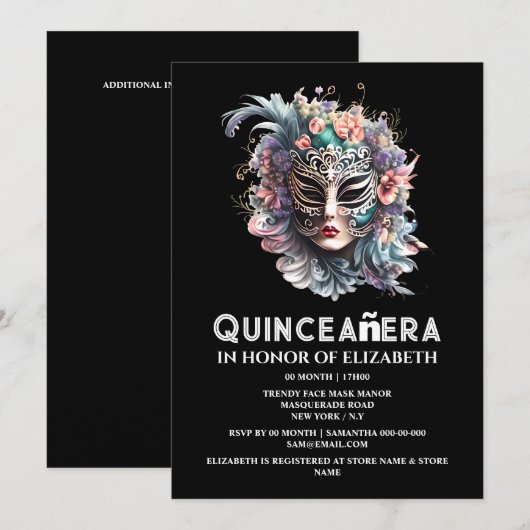 Paarse blauwgroen maskerade masker quinceanera ver kaart (Voorkant / Achterkant)