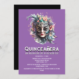Paarse blauwgroen maskerade thema quinceanera verj kaart