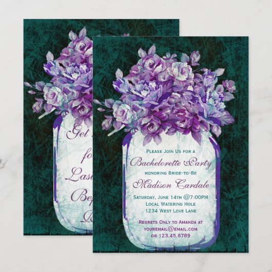 Paarse Blauwgroen Mason Jar Bachelorette Party nod Kaart (Voorkant / Achterkant)