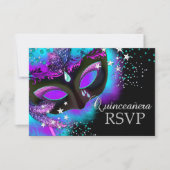Paarse & Blauwgroen Masquerade Quinceanera RSVP (Voorkant)