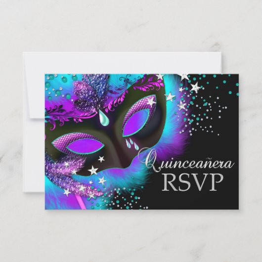 Paarse & Blauwgroen Masquerade Quinceanera RSVP (Voorkant)