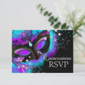 Paarse & Blauwgroen Masquerade Quinceanera RSVP (Staand voorkant)