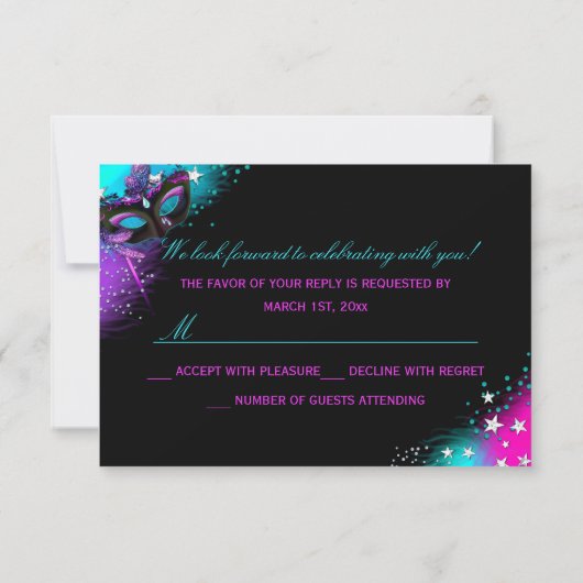 Paarse & Blauwgroen Masquerade Quinceanera RSVP (Achterkant)
