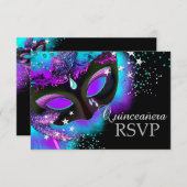 Paarse & Blauwgroen Masquerade Quinceanera RSVP (Voorkant / Achterkant)
