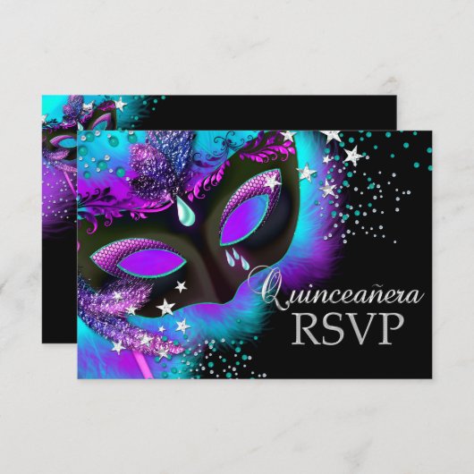 Paarse & Blauwgroen Masquerade Quinceanera RSVP (Voorkant / Achterkant)