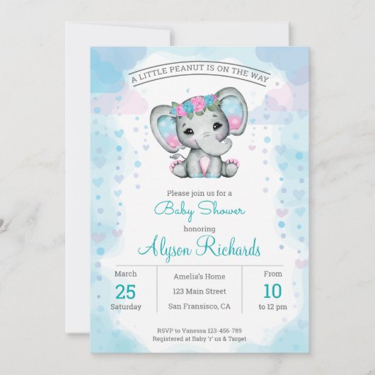 Paarse blauwgroen olifant Baby shower Uitnodiging (Voorkant)