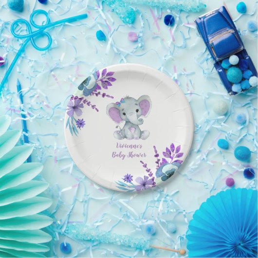 Paarse Blauwgroen Olifant Bord 4 Baby shower, Verj (Feest)